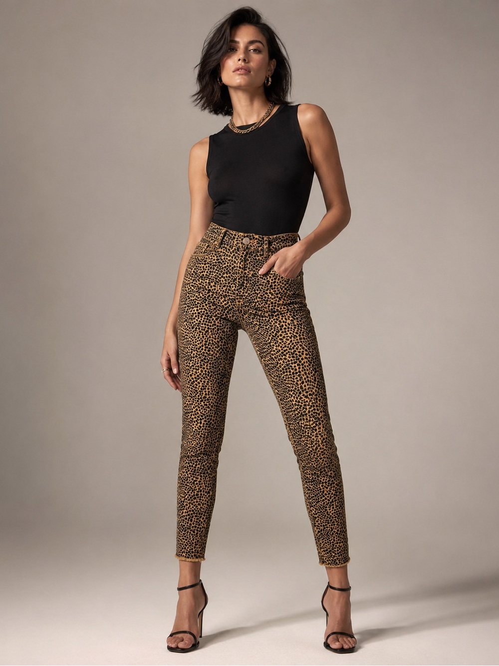 Current/Elliott High Waist Stiletto Leopard Print Crop Skinny Jeans Raw Hem - 10